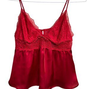 VICTORIAS SECRET | Red Lace Satin Open Flyaway Back Babydoll Lingerie Cami Top L